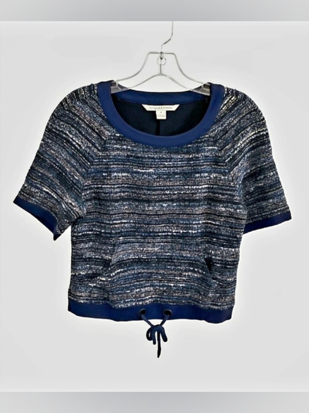 Diane von Furstenberg Boucle Tweed Short Sleeve Top Blue Size Small